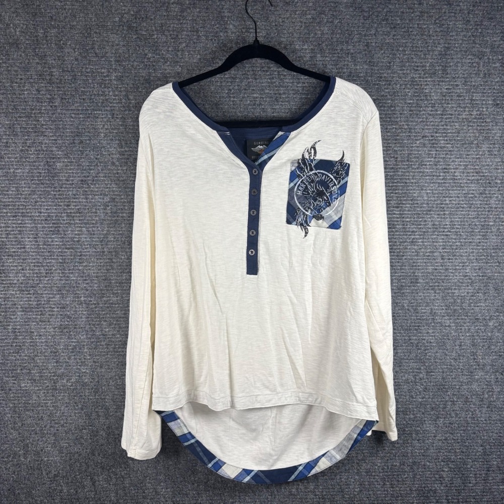 Harley-Davidson Womens XL Henley Shirt Cream Plaid‎ Graphic Long Sleeve Top
